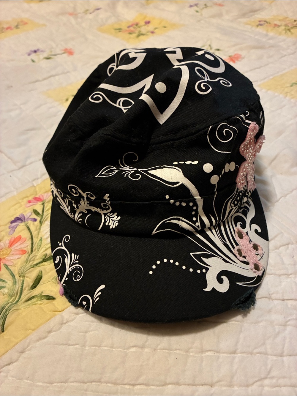 Black Floral Scroll Cadet Hat with Pink Accent